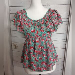 Joy Joy Women Blouse XS Green Red Pink Floral Ruffle Sleeve Peasant Top Boho NWT